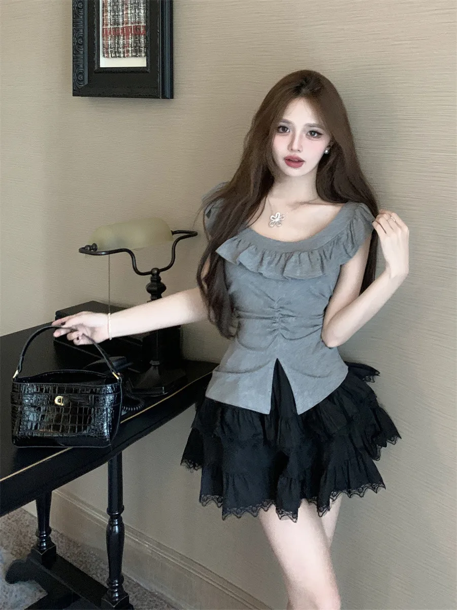 Плюс размер Pure Desire Frill Темпераментный облегающий топ с открытыми плечами на талии