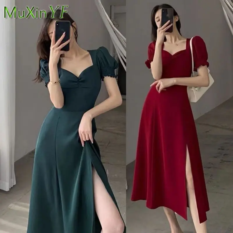 

Women's Summer Casual Dress 2022 New Fashion Puff Sleeve Square Neck Party Dresses French Eleagnt Vintage A-Line Slit Midi Skirt