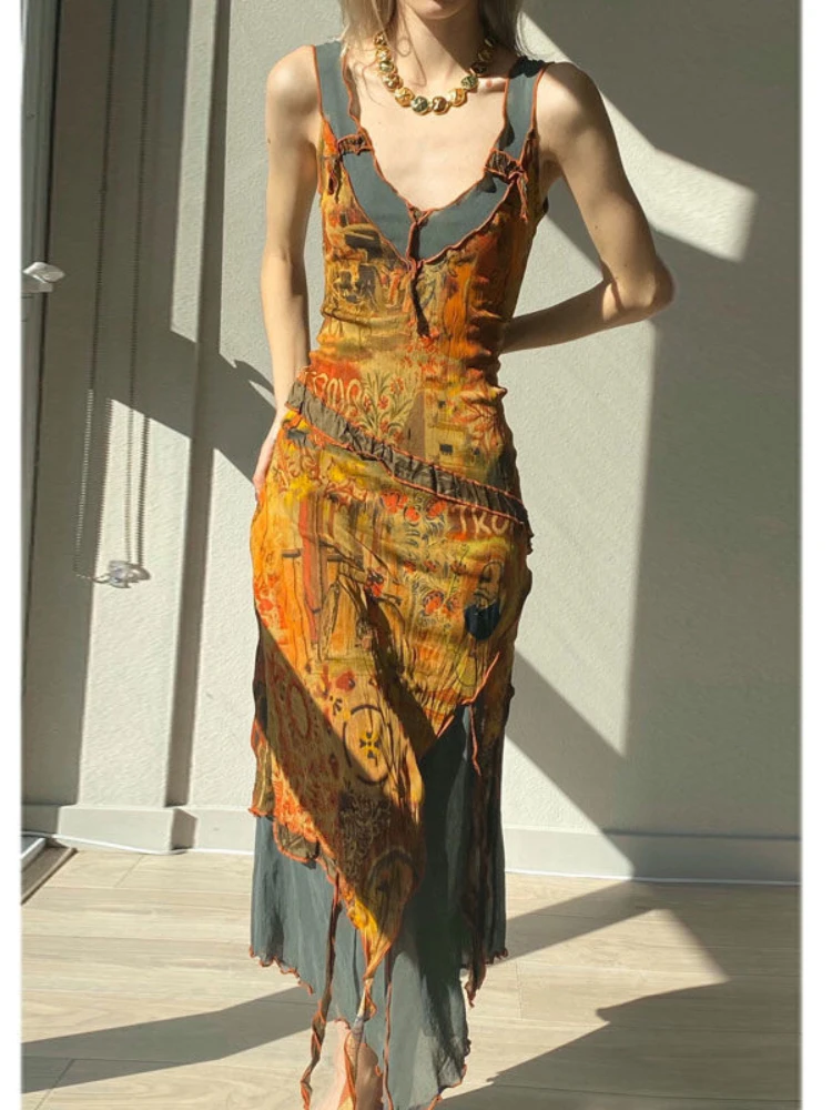 

HOUZHOU Women Vintage Slip Dress Summer Sleeveless Elegant French Casual Fashion Mesh Patchwork Long Dress Painting Bohemian