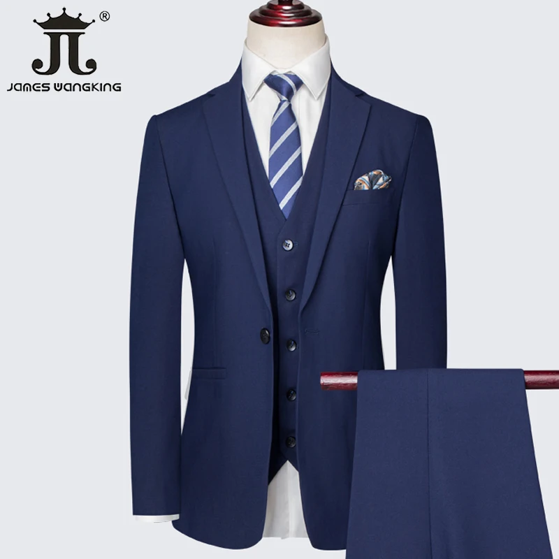 (Jacket+Vest+Pants) Navy Blue Suit 3 Piece Men's Slim Fit Business Casual Workwear Groom Wedding Dress Gentleman Party Tuxedo