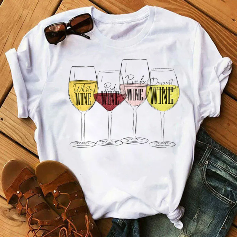 

Wine Glass Print T Shirt Women Tshirt Funny T-shirt Fashion Short Sleeve Tee Shirts Female Graphic Tops Summer T-shirt Clothes