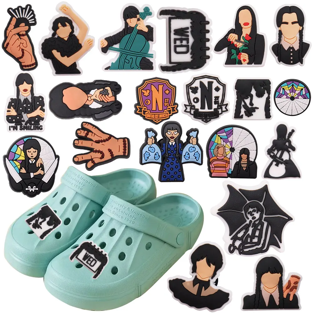 1-20Pcs PVC Gothic Girls Fashion Shoe Buckle Charms Wednesday Shoe Decorations Clog DIY Man Woman Croc Jibz Birthday Gift