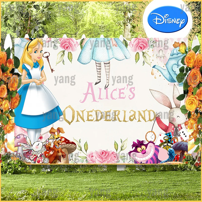 Disney Alice In Wonderland Theme Photography Backdrop Baby Shower Happy Girl Birthday Cartoon Decoration Backgrounds Banner