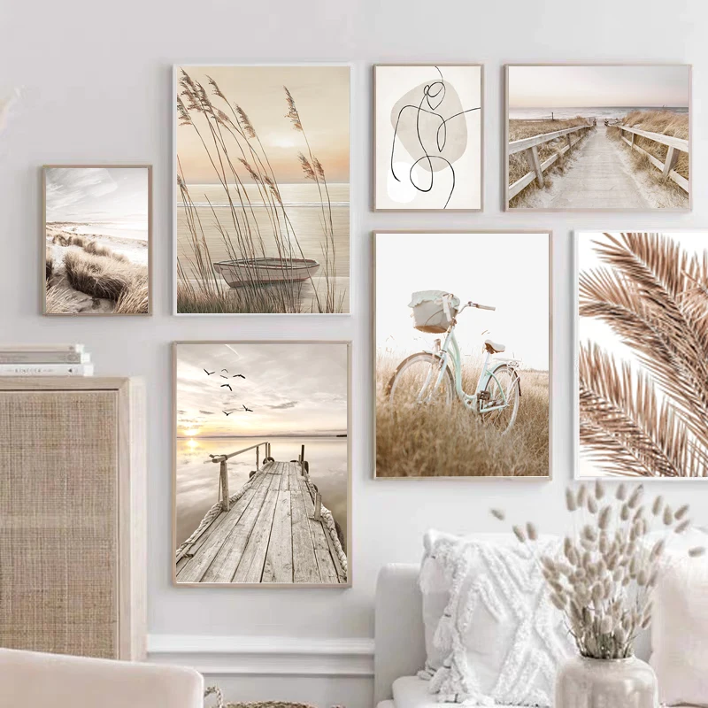 Постер с бежевым пейзажем озера лодки тростника пампаса трава Бохо декоративные