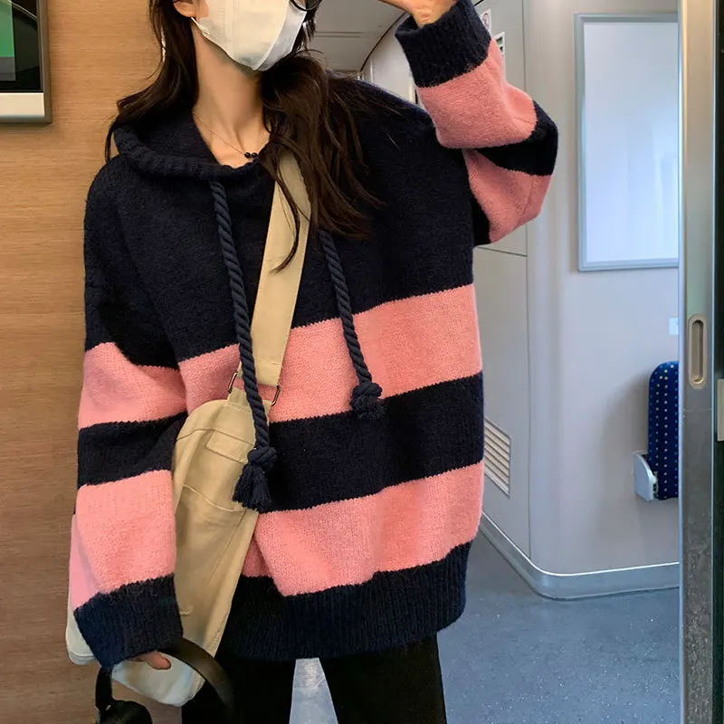 

New Autumn Rope Trendy Vintage Sweater Stripe Lazy Hooded Knit