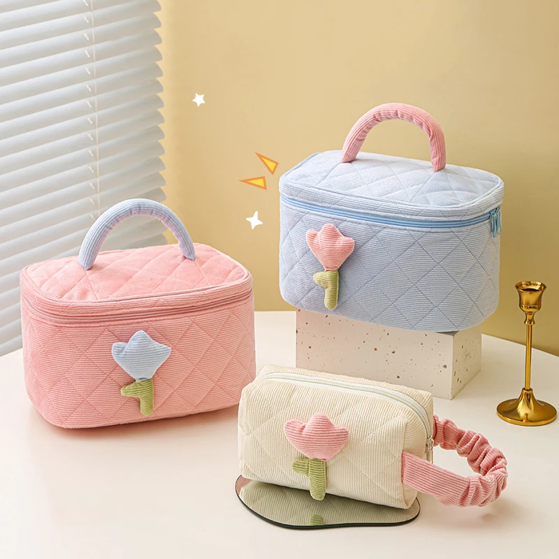 

Женская сумочка с цветами тюльпана, Вместительная дорожная косметичка, Вельветовая сумка на молнии для туалетных принадлежностей, портати...