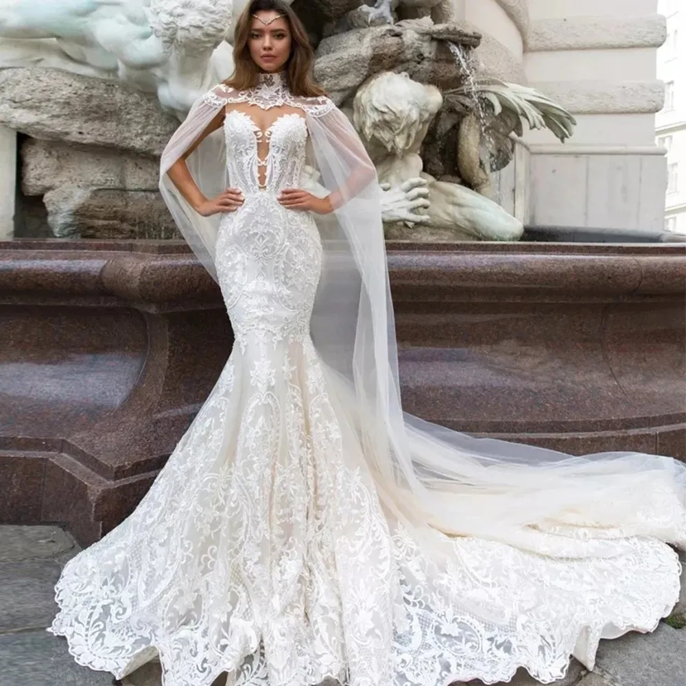 

New Arrive Lace Mermaid Wedding Dresses With Tulle Shawl Slim Elegant China Bridal Gowns Vestido Noiva Sereia
