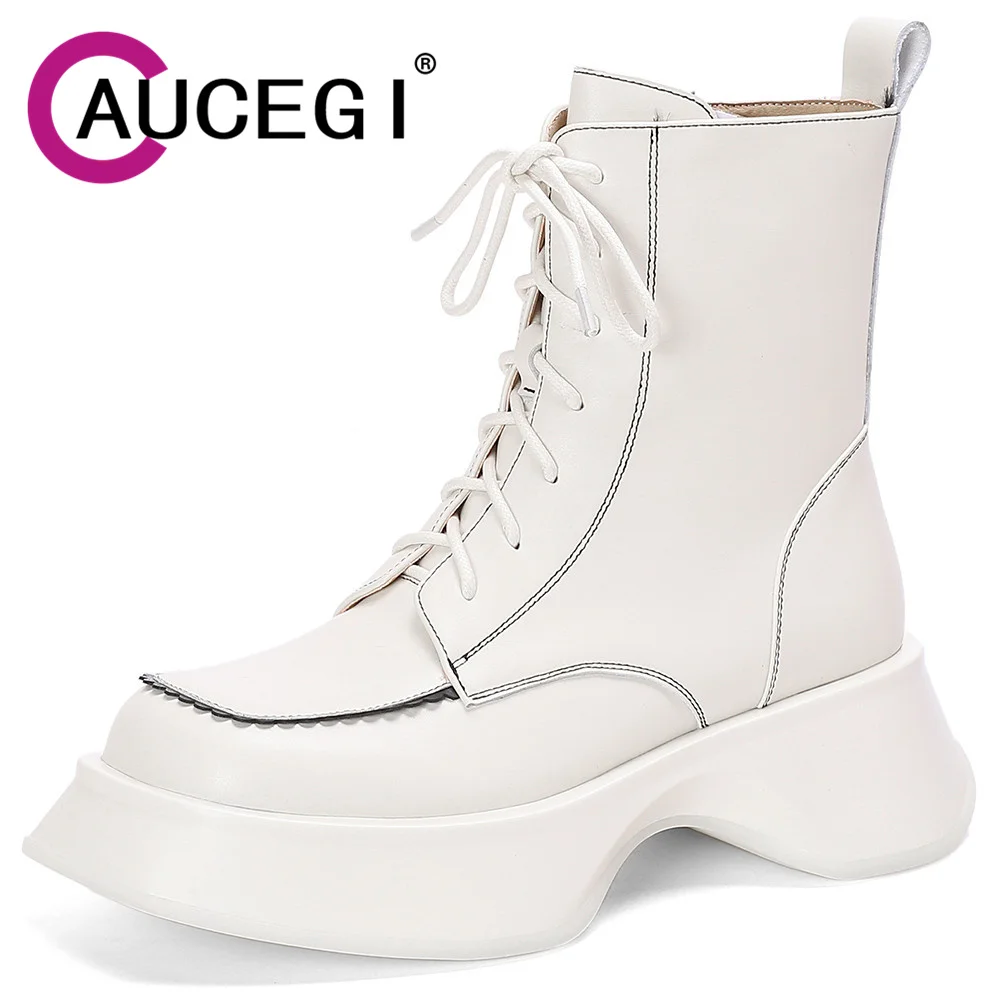 

Aucegi Модные ботильоны из натуральной кожи на платформе с квадратным носком на толстой подошве с боковой молнией повседневные универсальные дизайнерские ботинки с перекрестной шнуровкой