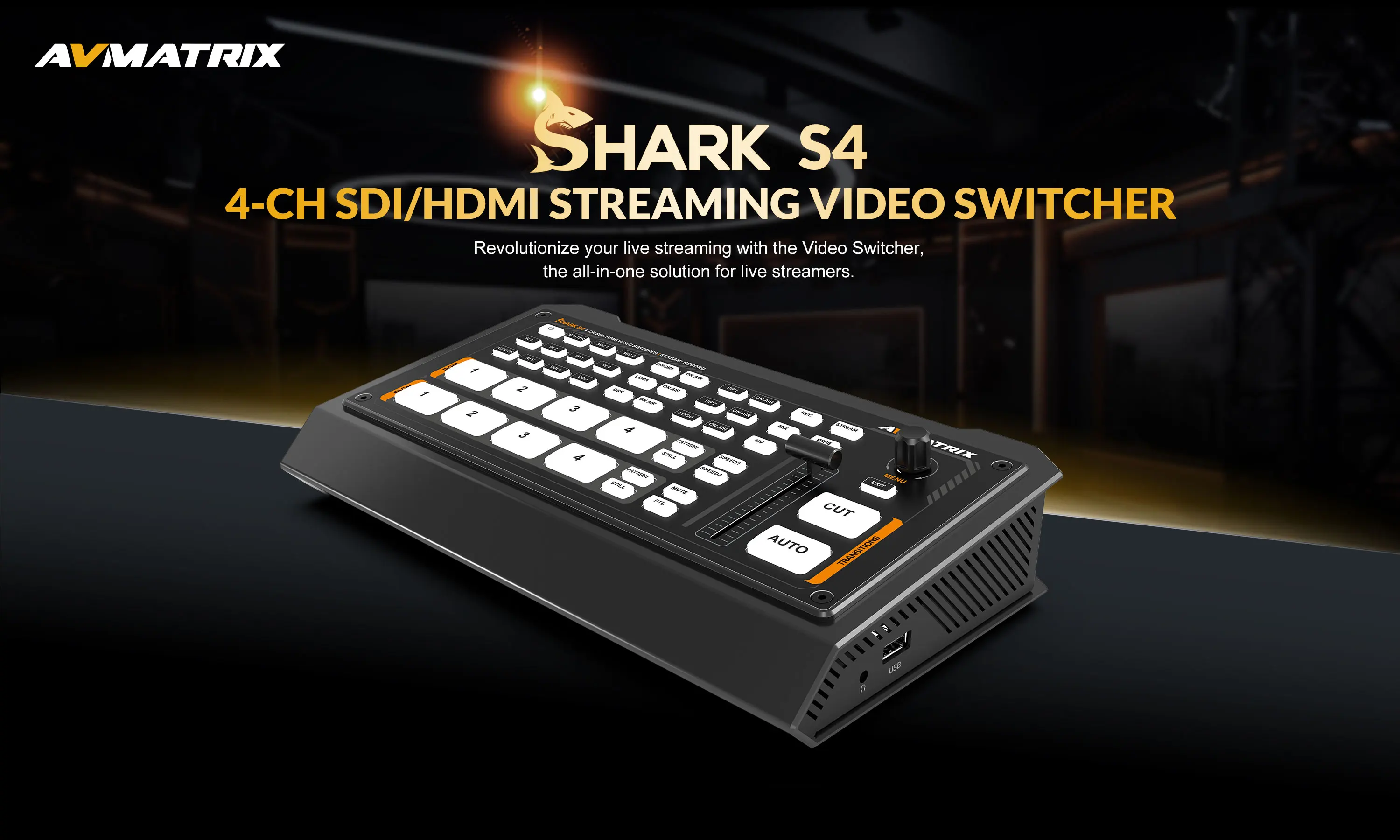 Фото Видеомикшер Avmatrix SHARK S4 для HDMI и 3G-SDI входов, прямая трансляция, RTMP/SRT, лумо- и хромакей-клавиши, металлический корпус, функция записи №5