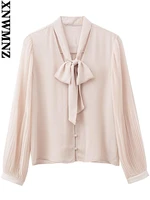 xnwmnz puff sleeve top women shirt fashion with bow pleated flowing blouses vintage long sleeve female shirts blusas chic tops