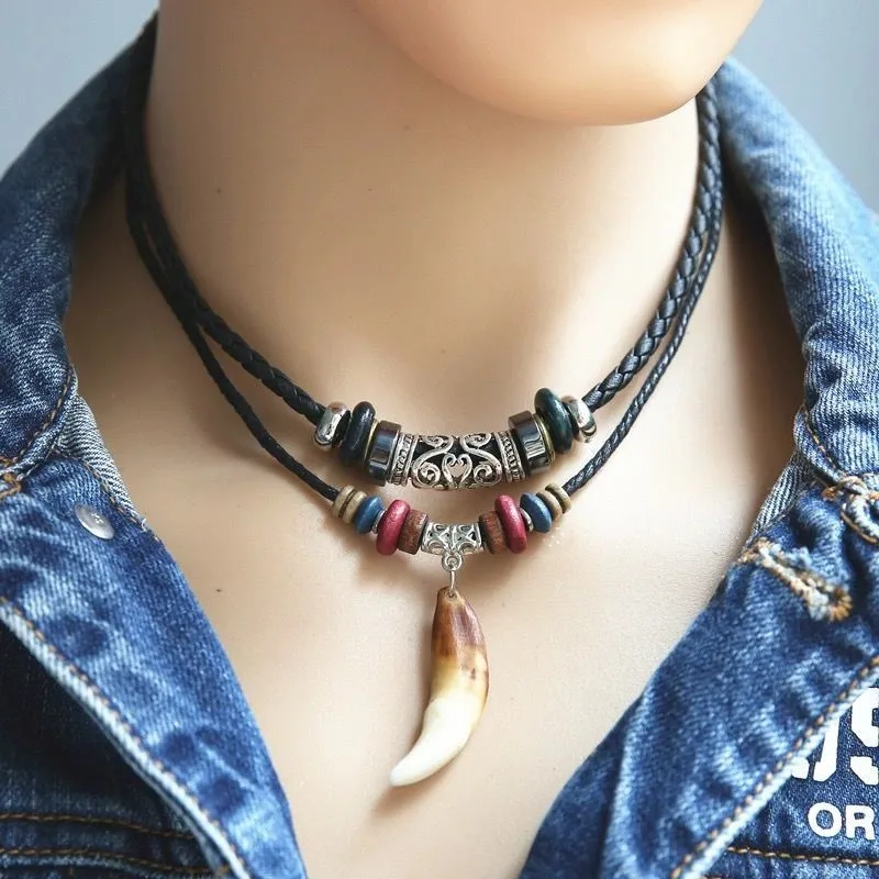 

1PC Men Women's Goth Multi-layer Vintage Wolf Tooth Pendant Leather Beaded Weaved Prayer Necklace Fashion Jewelry Necklaces