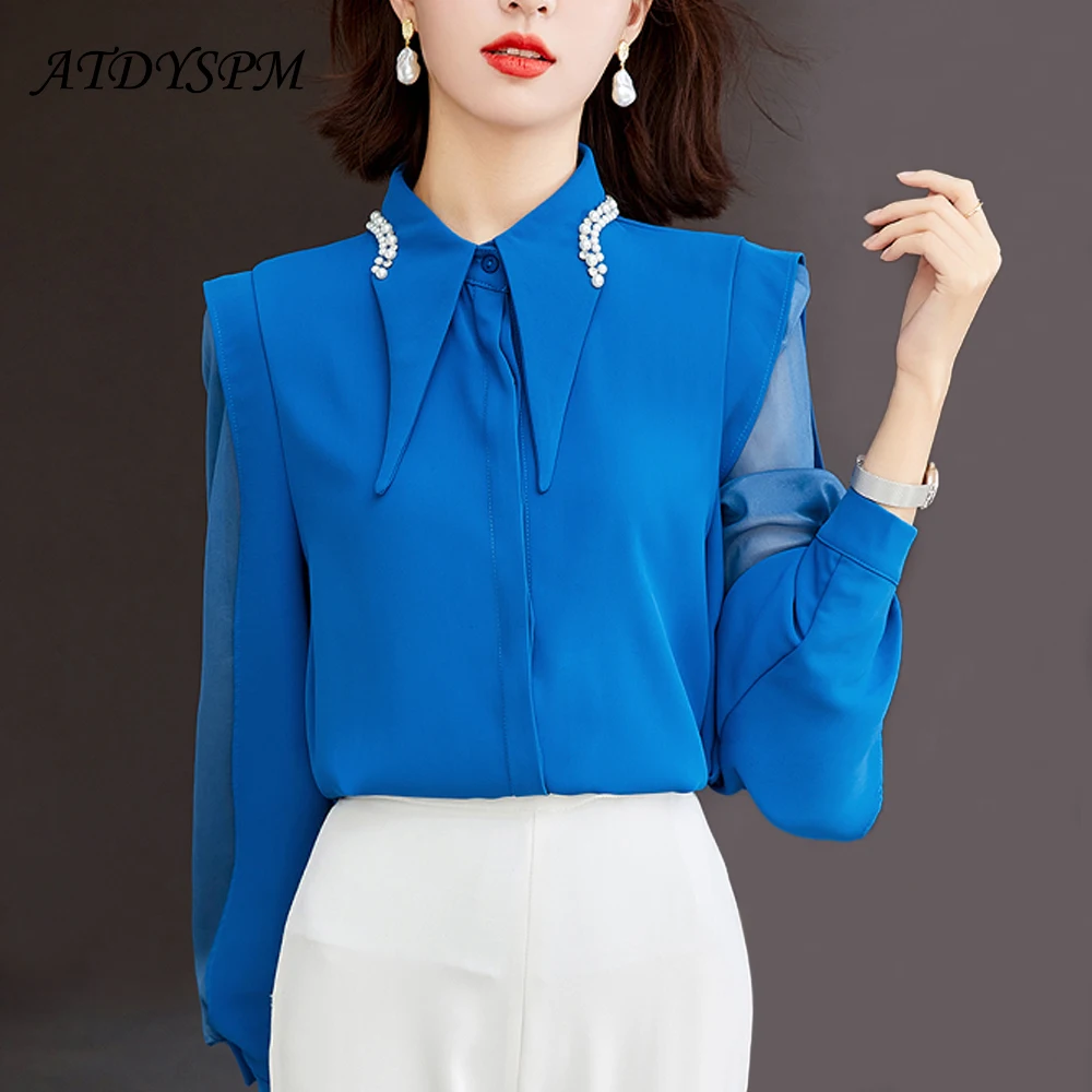 

Women Blouses And Shirts Beaded Collar Mesh Sleeve Loose Chiffon Shirts 2022 Autumn All-Match Casual Black Blue Tops Women