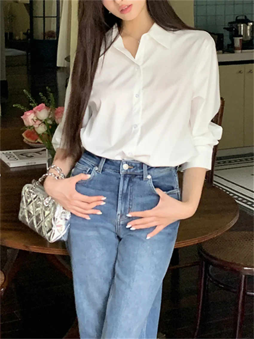 Женская Однотонная рубашка Alien Kitty белая элегантная Свободная Повседневная