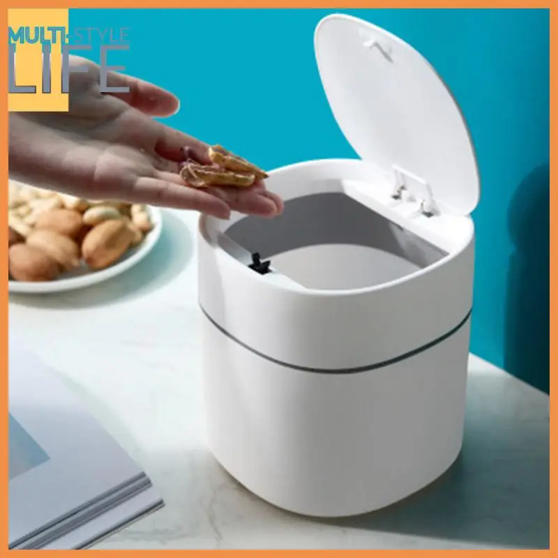 

Storage Wastebasket Creative Desktop Trash Can Multifunctional Plastic Trash Bin Flip-top With Lid Mini Round Elastic Office