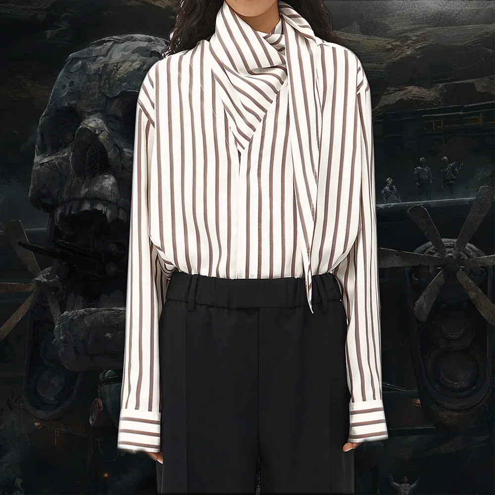 

NIGO Double Line Stripe Long Sleeve Shirt Women's Fashion White Silk Stripe Shirt Ngvp #nigo6586