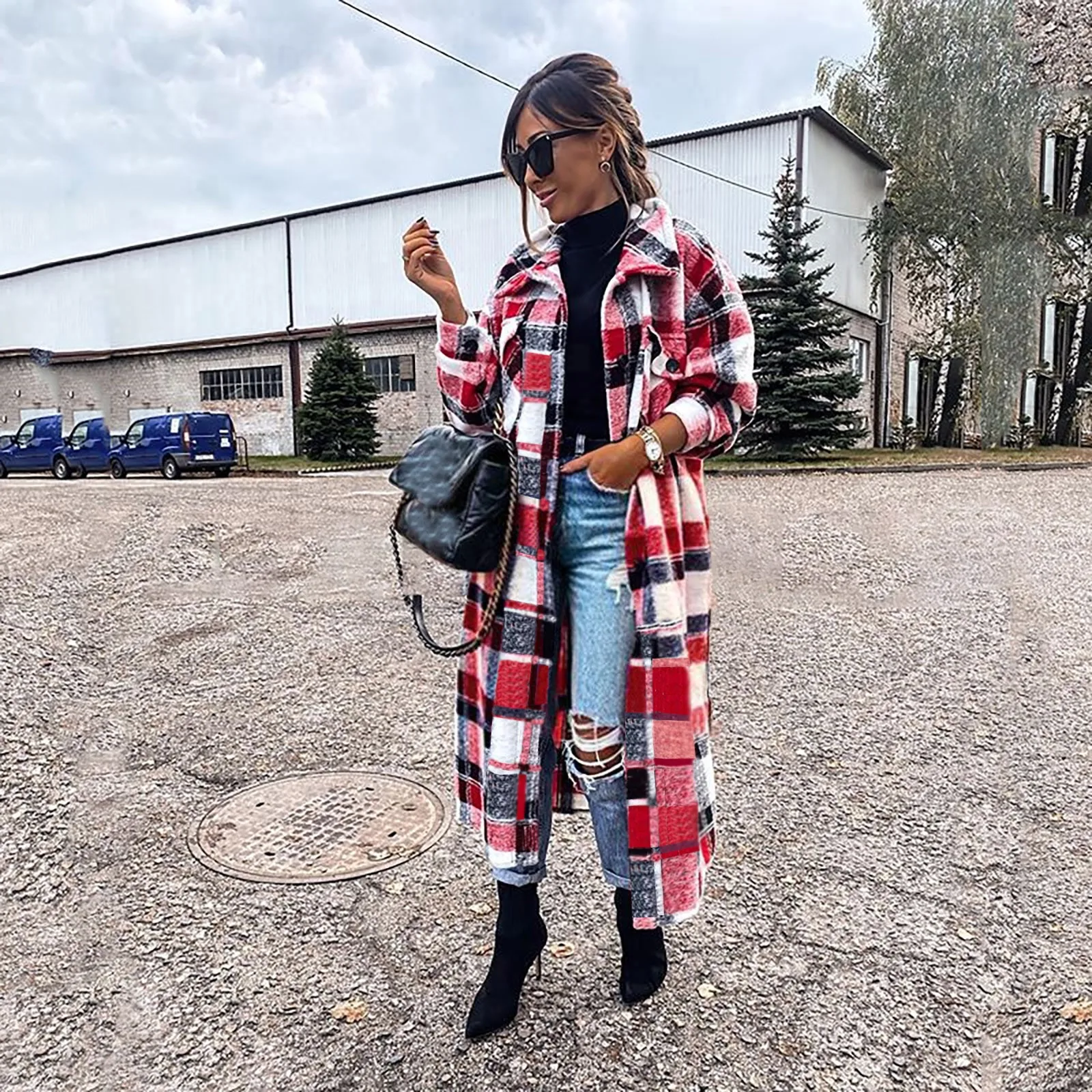 

Женское длинное пальто в клетку, винтажное пальто с отложным воротником и длинными рукавами, с карманами на пуговицах, зимние куртки из 100%-н...