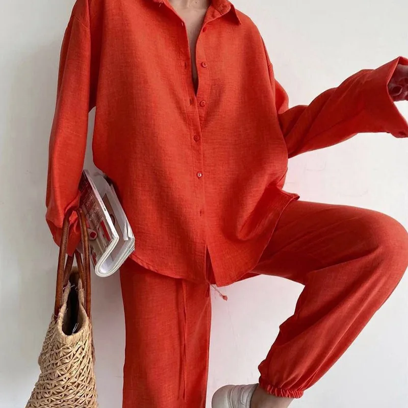 

Fashion Spring Women Two Piece Sets New Solid Color Long Sleeve Shirts and Drawstring Long Pants Sets Office Ladies Outfits