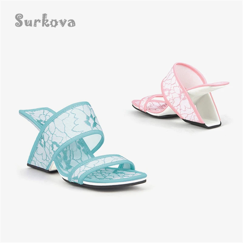 Lace Embroidered Sandals Pink Blue Black Hollow Wedges Slippers Women's Luxury Banquet Summer Shoes New Square Toe Slip-On Pumps