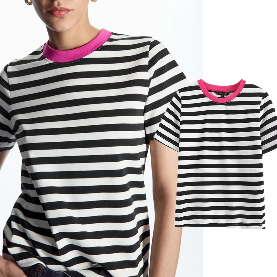

Elmsk 2023 Spring And Summer Contrast Stripe Cotton Round Neck New Fashion T-Shirt Women's Top