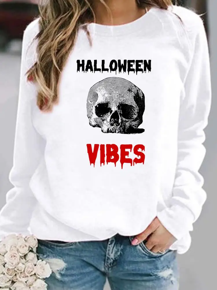 

Skull Letter 90s Clothing Fall Autumn Halloween Spring Print Women Pullovers Female Hoodies Casual Woman Graphic Sweatshirts