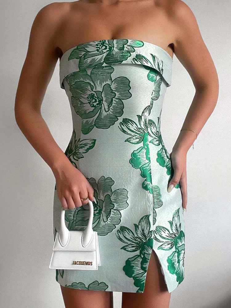 

Women Sexy Sleeveless Slit Party Dress Elegant Pattern Printed Off Shoulder Mini Dress Summer Retro Bodycon Beach Dress Vestidos