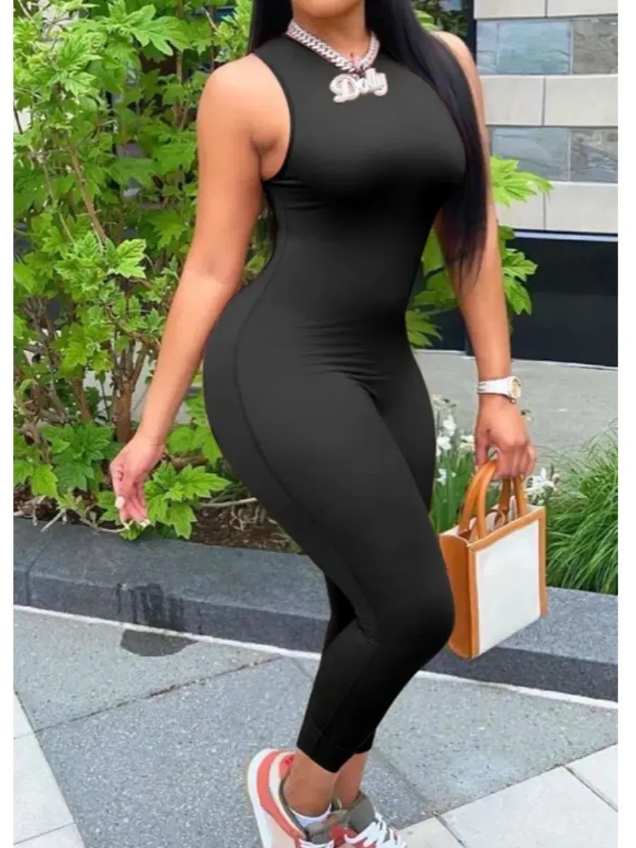 LW sleeveless Jumpsuit Women 2023 One-Pieces Casual Round Neck Basic Sleeveless Round Neck Skinny Streetwear Female Outfits