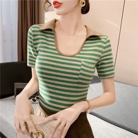 2022 new casual polo turn down collar striped sexy u neck slim short t shirt woman the basic sleeve tops blouse