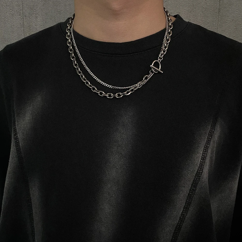 

One Word Buckle Necklace Chain for Men Hip-hop Personality Double-layer Stainless Steel Chokers Necklace Men Accessories