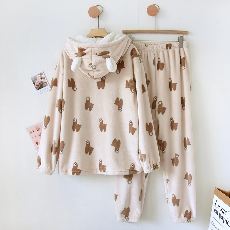 New Cartoon Plus Velvet Thickened Pajama Set Winter Home Suit Flannel Coral Fleece Homewear Thermal Warm Women  Hooded Sleepwear