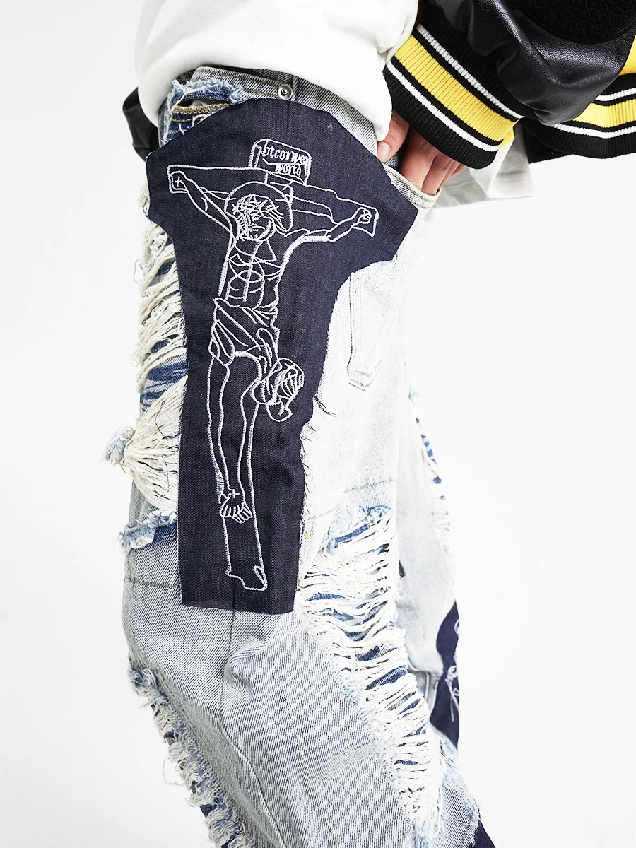 European and American High Street Hole Embroidery Loose Straight Jeans Men and Women Hip-hop Stitching Long Pants Denim Men's