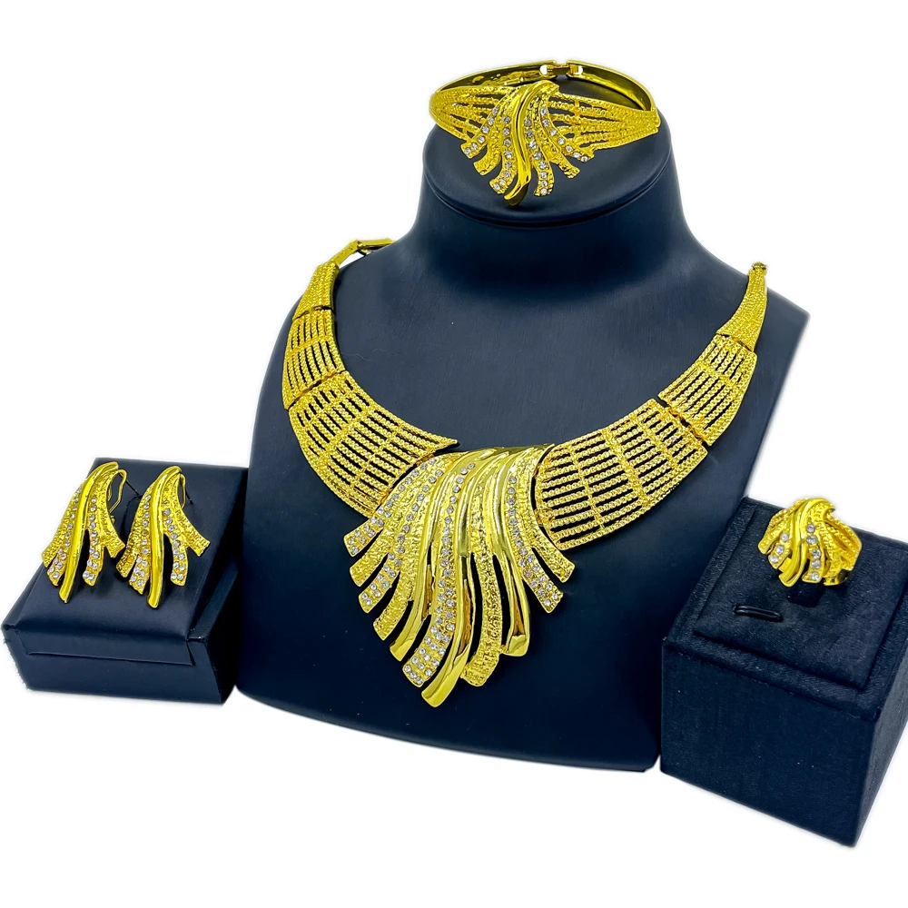 

Classic Big Necklace African Bridal Crystal Bracelet Stud Earrings for Women Wedding Ring Gift Fashion Jewelry Sets