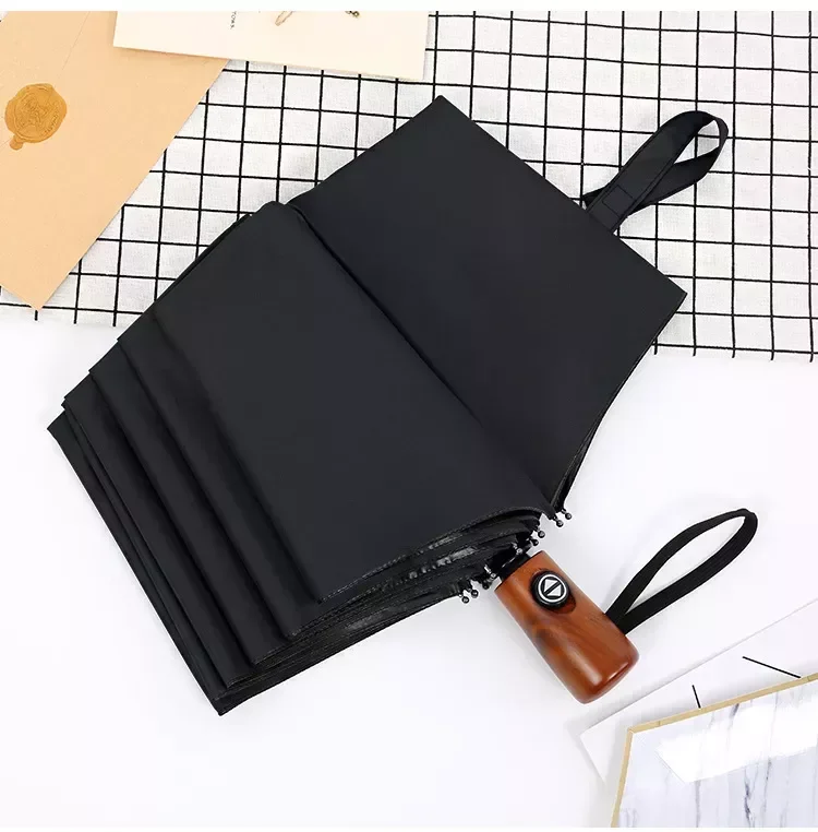 

Solid wood handle umbrella Fully automatic 10 bones Tri-fold umbrella high quality Men Business Sunny and Rainy Umbrella