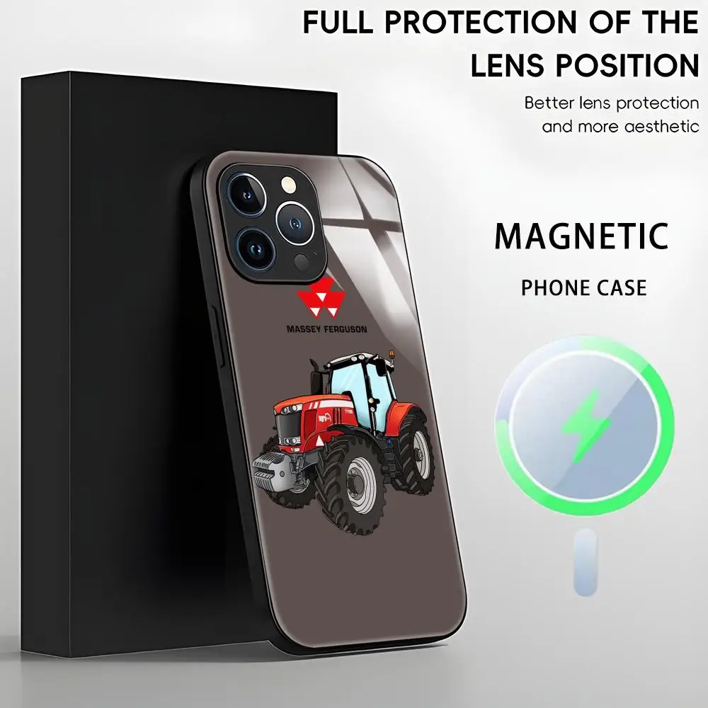 Фото Чехол для телефона с изображением трактора Massey Ferguson для iPhone 18 17 16 15 14 13 12 11 Plus Mini Pro Max, стеклянный магнитный чехол. №5