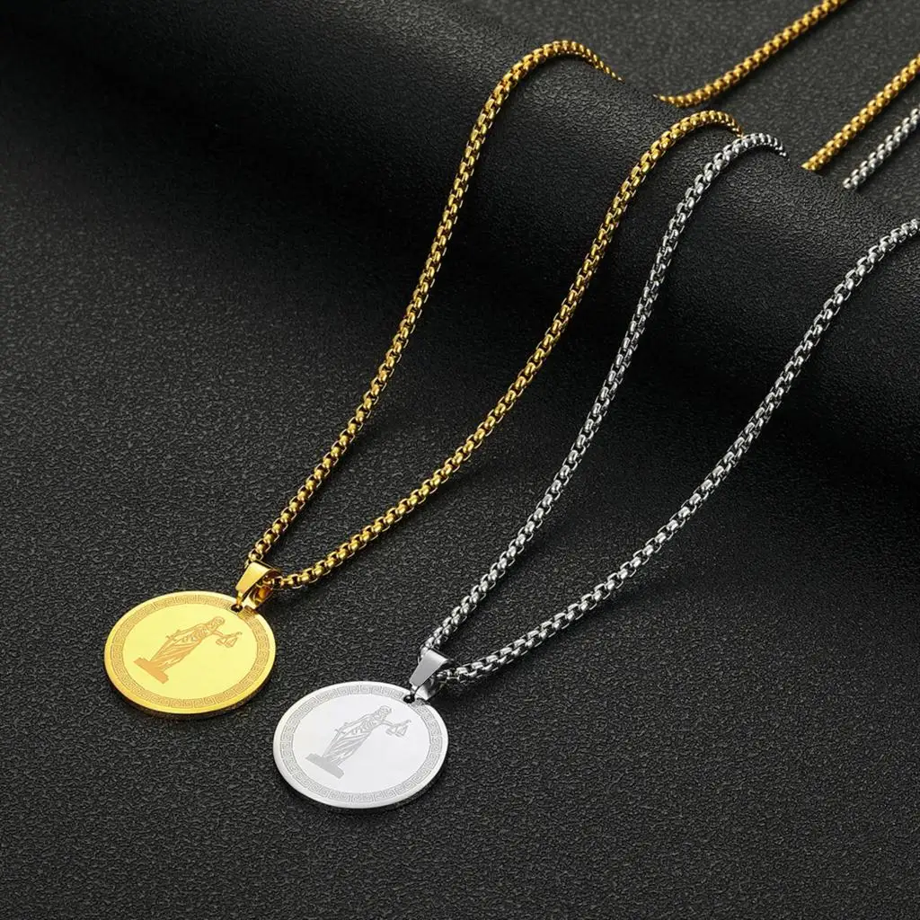 

Kinitial April Stainless Steel Themis Titaness of God and Order Gold Plated Amulet Pendant Necklace