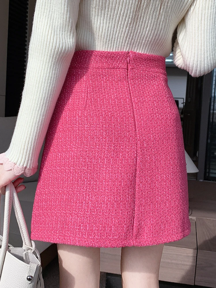 QOERLIN Твидовые мини-юбки женские с высокой талией на молнии сзади короткие юбки 2024