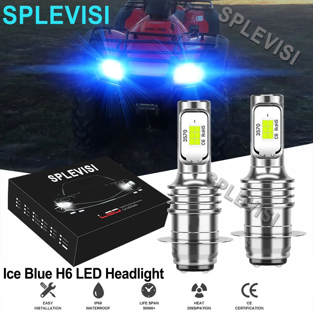 

2x70W Ice Blue LED Headlight Bulbs For Honda Rancher350 4x4 2x4 ES2000-200 Fourtrax TRX300FW1988-2000 Sportrax TRX400EX1999-2008