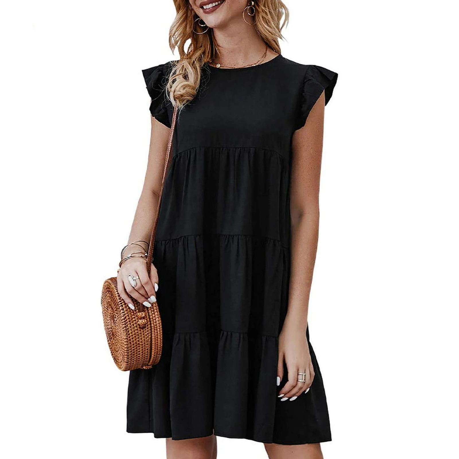

Soft Beach Loose Fit Casual Ruffle Hem Sleeveless Solid Pleated Short Flowy Crew Neck Daily Summer Mini Dress