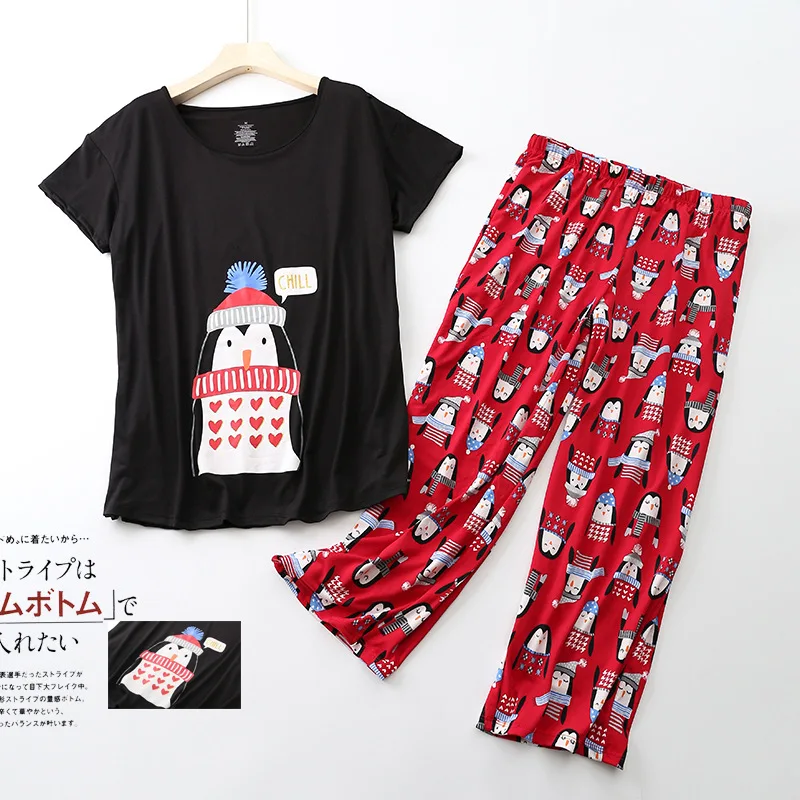 

Big Size 3Xl Pajamas Suit Women Sweet Round Neck Nightwear Print Cartoon 2Pcs Sleep Set Casual Home Clothing Comfy Loungewear