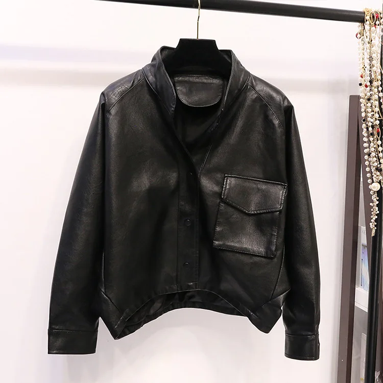 Loose version of women's leather clothing waist cover three-dimensional pocket motorcycle suit leather jacket women's wear