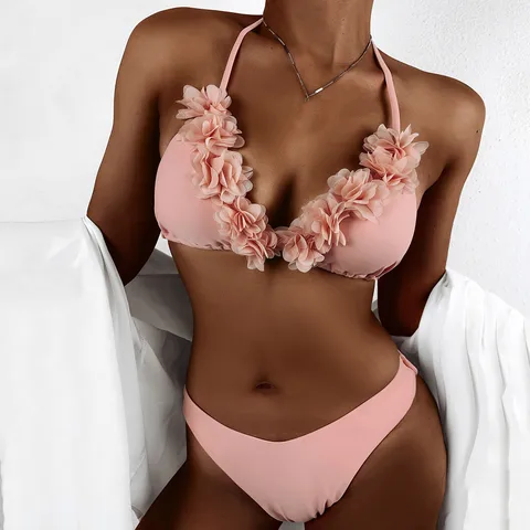 Women's Bikini Swimsuit Fashion Split High Waist Pink Nylon Mesh Ruffle Lace Swimwear купальник 2022 новинка ropas de baño