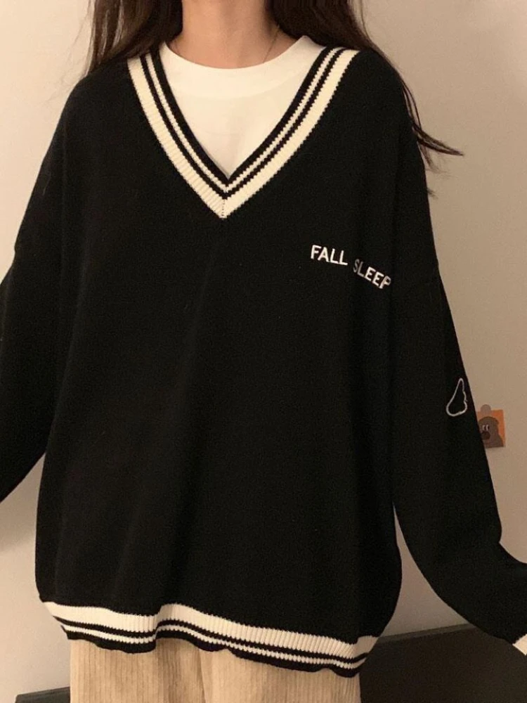 

Deeptown Preppy Style Embroidered Sweater Women Harajuku Knitted Jumper V-neck Loose Casual Long Sleeve Chic Tops Korean Fashion