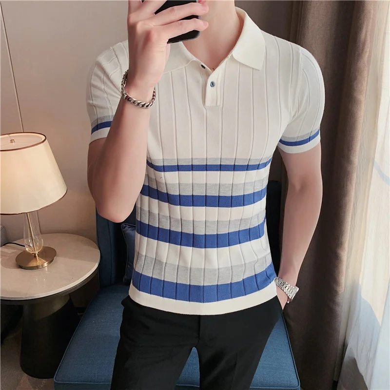 

2023 British Style Men's Fashion Lce Silk Stripe Knitting POLO Shirts/Male Slim Fit Short Sleeve Leisure POLO Shirts S-3XL