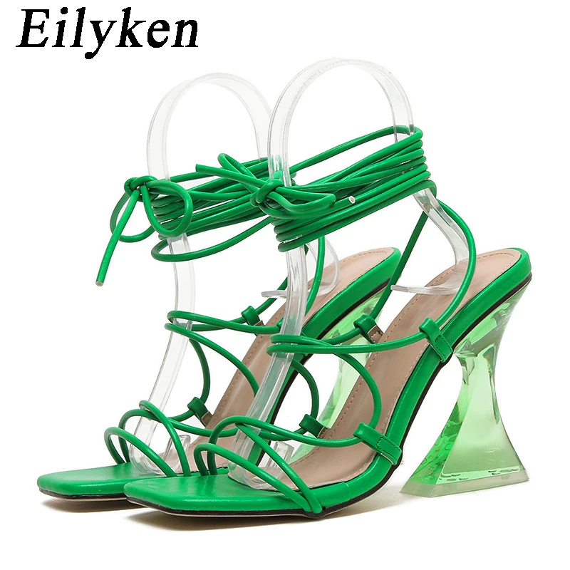 

Eilyken New Design Green Transparent Strange High Heels Woman Sandals Summer Hollow Out Square Toe Party Dress Pumps Shoes