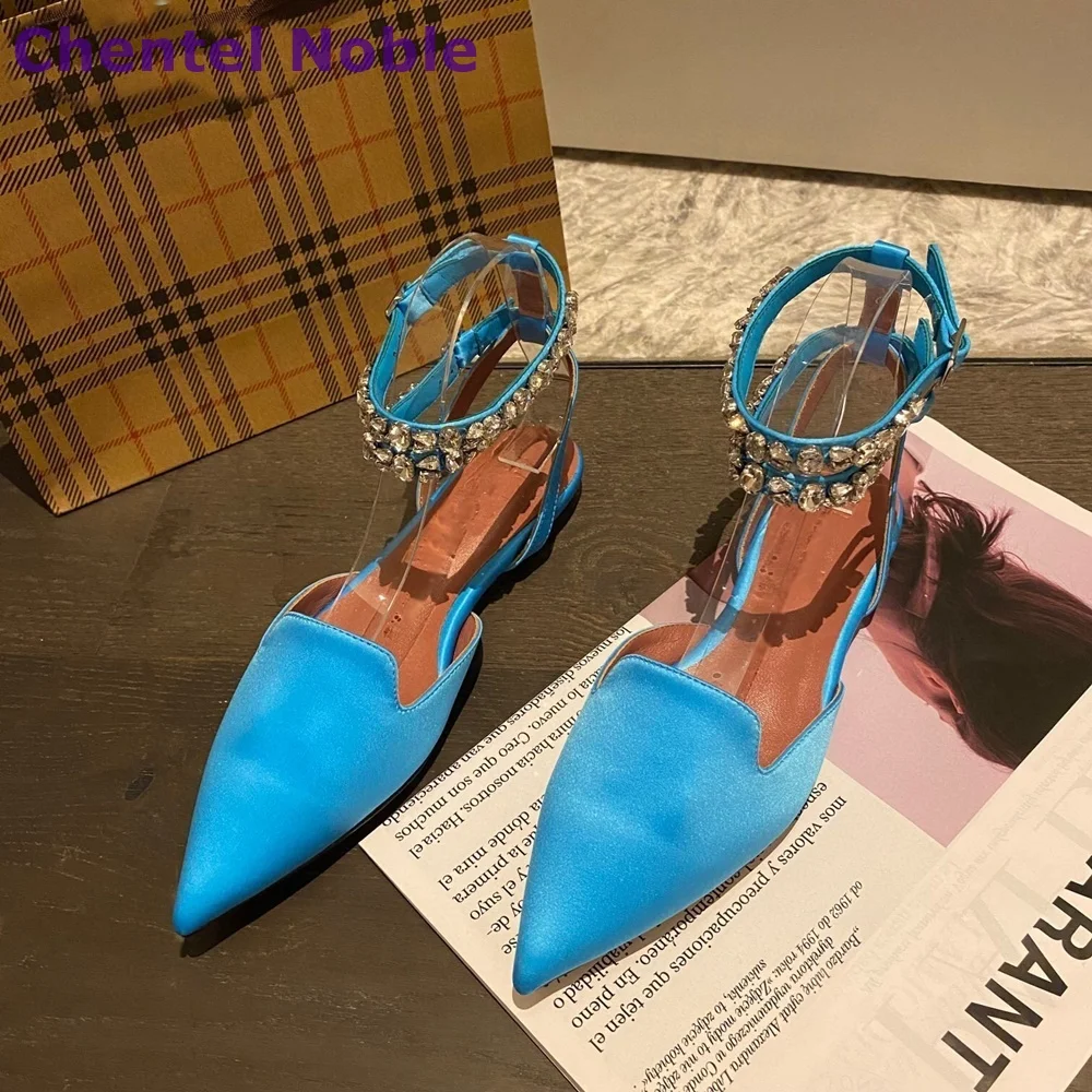 

Blue Satin Luxury Shoes Pointy Toe Rhinestone Buckle Strap Flat Shoes Summer Fashion Sexy Comfortable Women Shoes Daily Pumps