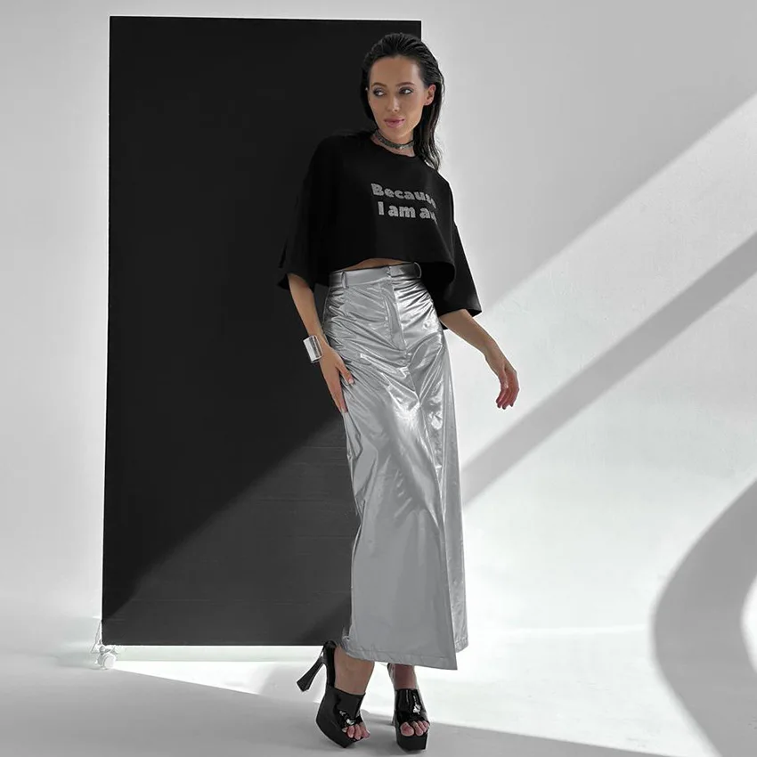 

Женская Серебристая юбка-карандаш в уличном стиле, прямая модная светоотражающая ткань с разрезом на молнии, Новое поступление 2023