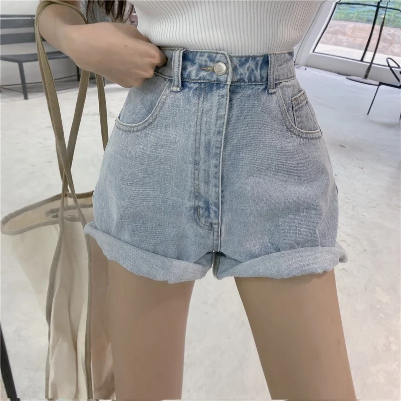 2021 Summer Women Casual Loose Vintage Wide Leg Short Jeans Female New High Waist Harajuku Green Blue Denim Shorts College Style