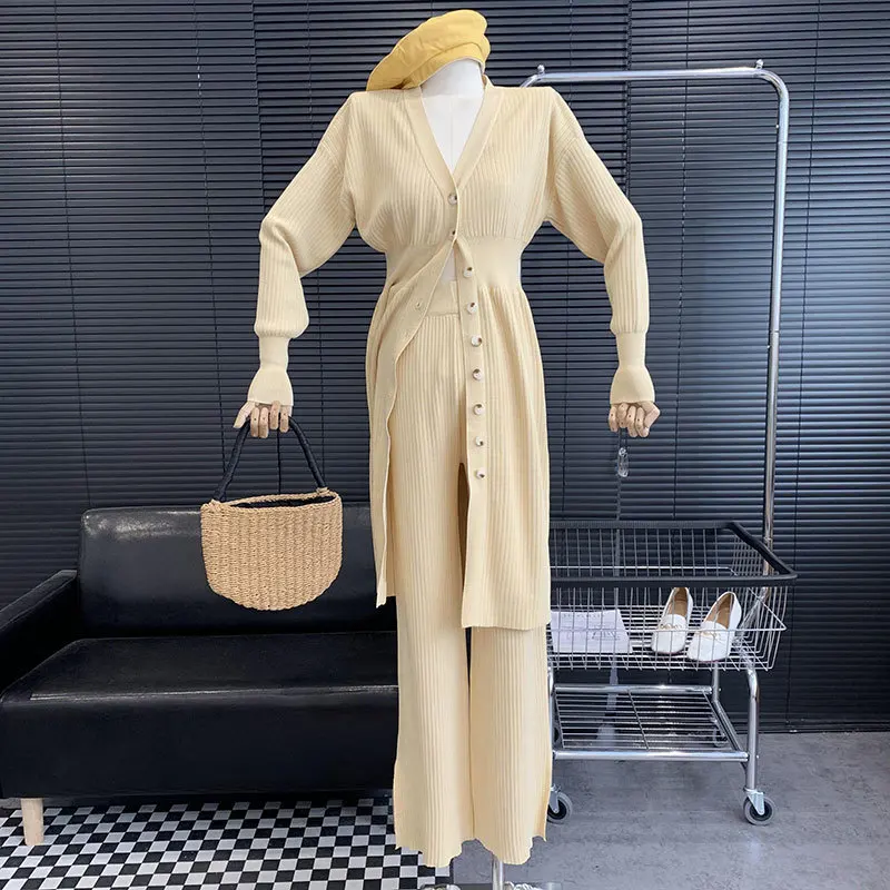 

Autumn Winter Knitted Two Piece Set Women V-Neck Single Breasted Long Knit Cardigan Coat + Side Split Wide Leg Pants Tracksuit