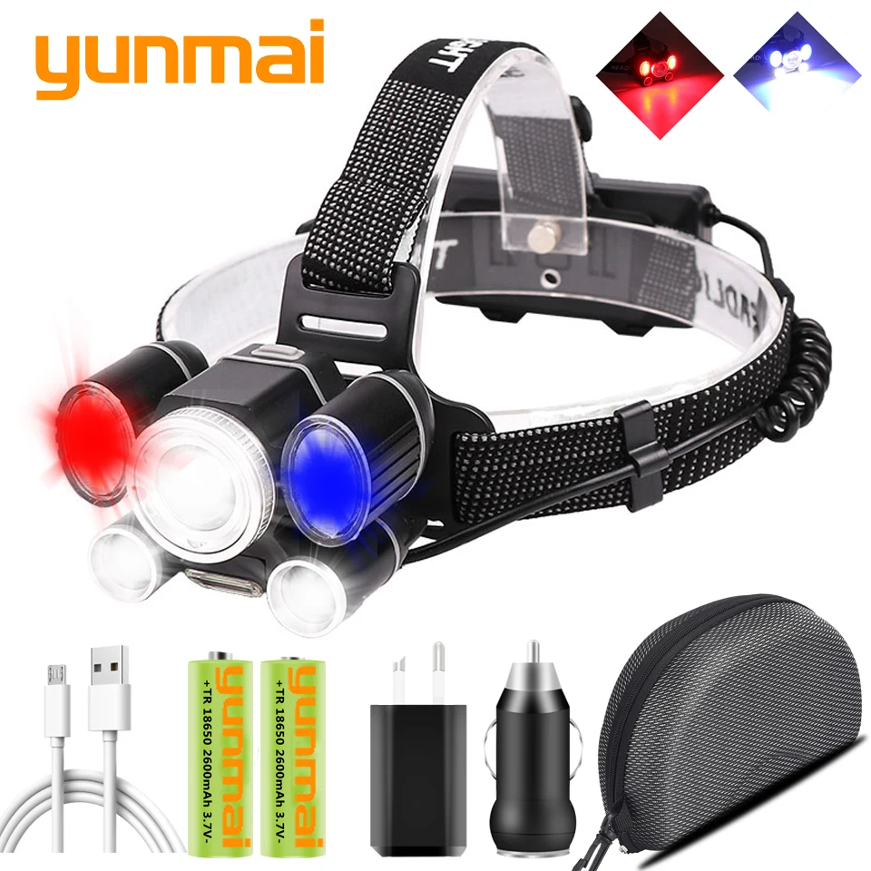 

XP50.2 Powerful Led Headlamp Zoom Headlights USB Rechargeable 18650 Battery Head Flashlight Torch Lamp Red Blue & Ｗhite Light