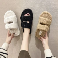 2022 new fur slippers ladies fluffy plush slides double buckle winter warm slippers flip flops women cotton shoe wool fur slides
