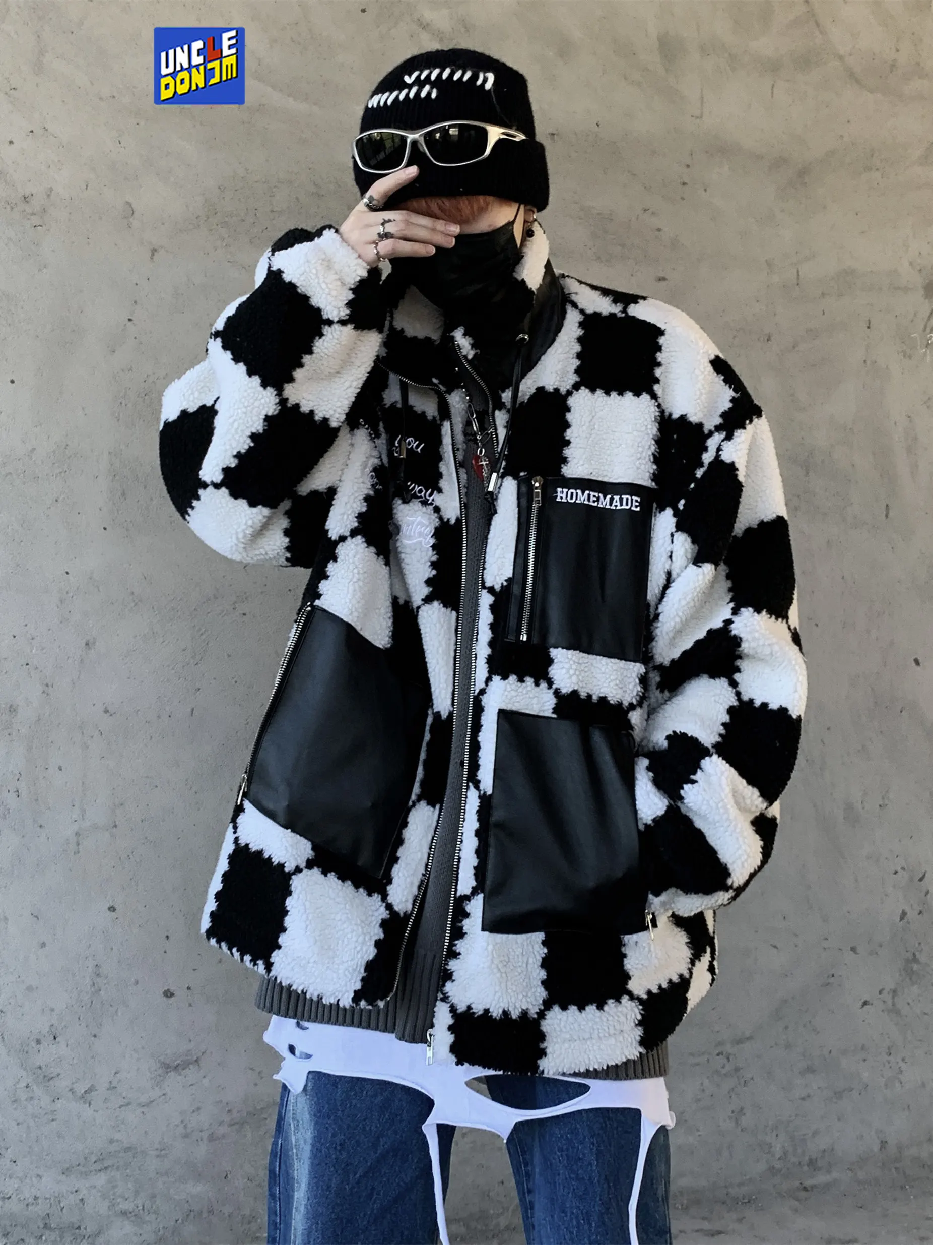 

UNCLEDONJM корейская мода с карманами цветной блочный клетчатый пальто из овечьей шерсти мужское хип-хоп oose толстое Стеганое пальто хлопковое з...